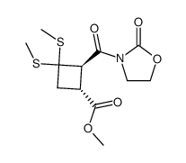 methyl (1R,2R)-3,3-bis(methylthio)-2-((2-oxo-1,3-oxazolidin-3-yl)carbonyl)cyclobutanecarboxylate结构式
