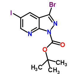 2-Methyl-2-propanyl 3-bromo-5-iodo-1H-pyrazolo[3,4-b]pyridine-1-carboxylate结构式