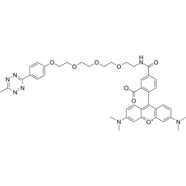 2-(3,6-Bis(dimethylamino)xanthylium-9-yl)-5-((2-(2-(2-(2-(4-(6-methyl-1,2,4,5-tetrazin-3-yl)phenoxy)ethoxy)ethoxy)ethoxy)ethyl)carbamoyl)benzoate Structure