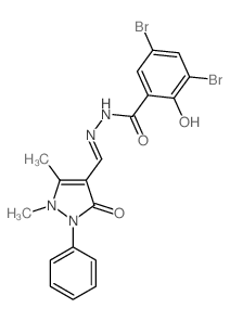 Benzoic acid,3,5-dibromo-2-hydroxy-,2-[(2,3-dihydro-1,5-dimethyl-3-oxo-2-phenyl-1H-pyrazol-4-yl)methylene]hydrazide structure