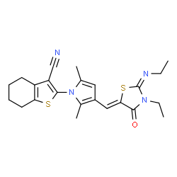 2-(3-{[3-ethyl-2-(ethylimino)-4-oxo-1,3-thiazolidin-5-ylidene]methyl}-2,5-dimethyl-1H-pyrrol-1-yl)-4,5,6,7-tetrahydro-1-benzothiophene-3-carbonitrile结构式