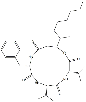 N-[N-[N-(3-Hydroxy-4-methyl-1-oxodecyl)-L-phenylalanyl]-L-valyl]-L-valine λ-lactone Structure