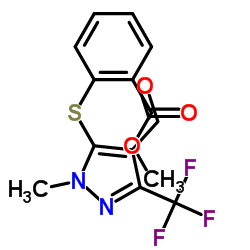 5-[(2-Methoxycarbonyl)phenylthio]-1-methyl-3-(trifluoromethyl)pyrazole4-carboxaldehyde 97 Structure