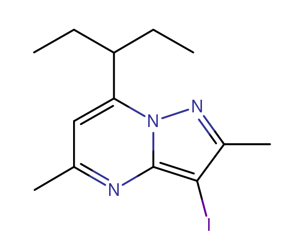 3-碘-2,5-二甲基-7-(戊-3-基)吡唑并[1,5-a]嘧啶结构式