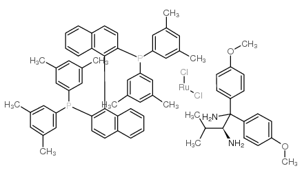 二氯{(S)-(-)-2,2''-双[二(3,5-二甲苯基)膦基]-1,1''-联萘基} [(2S)-(+)-1,1-双(4-甲氧基苯基)-3-甲基-1,2-丁二胺]钌(II)RuCl2[(S)-xylbinap][(S)-daipen]结构式