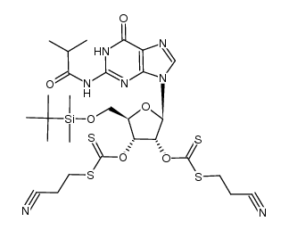 5'-O-(tert-butyldimethylsilyl)-N2-isobutyryl-2',3'-bis-O-[[(β-cyanoethyl)thio]thiocarbonyl]guanosine Structure