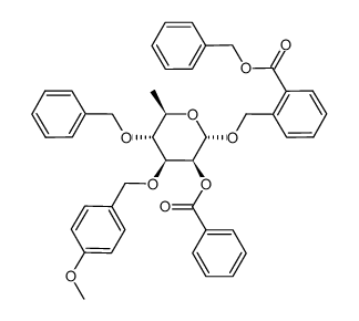 2'-(benzyloxycarbonyl)benzyl 2-O-benzoyl-4-O-benzyl-3-O-p-methoxybenzyl-α-D-rhamnopyranoside Structure