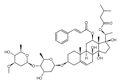 3-O-β-D-oleandropyranosyl-(1->4)-β-D-digitoxopyranosyl 12-O-cinnamoyl-20-O-isovaleroylsarcostin结构式
