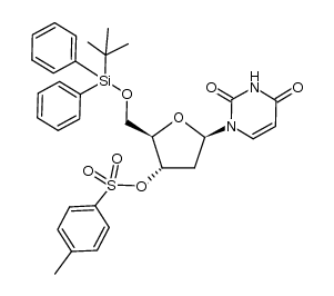 1-(5-O-tert-butyldiphenylsilyl-2-deoxy-3-O-p-toluenesulfonyl-β-D-erythro-pentofuranosyl)uracil结构式