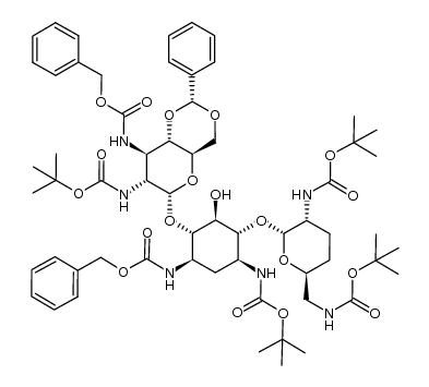 4'',6''-O-benzylidene-1,3''-bis(N-benzyloxycarbonyl)-3,2',6'-tris(N-tert-butoxycarbonyl)-2''-(tert-butoxycarbonyl)amino-2''-deoxydibekacin结构式