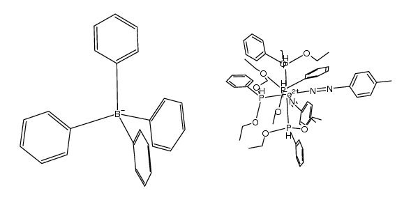 {cis-Fe(4-MeC6H4N2H)(4-MeC6H4CN)(PPh(OEt)2)4}(BPh4)2结构式