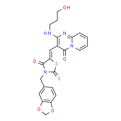 3-{[3-(1,3-benzodioxol-5-ylmethyl)-4-oxo-2-thioxo-1,3-thiazolidin-5-ylidene]methyl}-2-[(3-hydroxypropyl)amino]-4H-pyrido[1,2-a]pyrimidin-4-one Structure