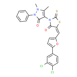 (5E)-5-{[5-(3,4-dichlorophenyl)furan-2-yl]methylidene}-3-(1,5-dimethyl-3-oxo-2-phenyl-2,3-dihydro-1H-pyrazol-4-yl)-2-thioxo-1,3-thiazolidin-4-one Structure