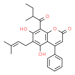 5,7-Dihydroxy-6-(3-methyl-2-butenyl)-8-(2-methyl-1-oxobutyl)-4-phenyl-2H-1-benzopyran-2-one结构式