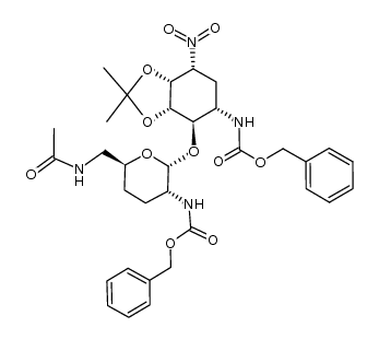 benzyl ((3aS,4R,5S,7R,7aR)-4-(((2R,3R,6S)-6-(acetamidomethyl)-3-(((benzyloxy)carbonyl)amino)tetrahydro-2H-pyran-2-yl)oxy)-2,2-dimethyl-7-nitrohexahydrobenzo[d][1,3]dioxol-5-yl)carbamate Structure