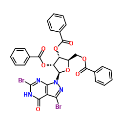 3,6-Dibromo-1-(2,3,5-tri-O-benzoyl-β-D-ribofuranosyl)-1,5-dihydro-4H-pyrazolo[3,4-d]pyrimidin-4-one结构式