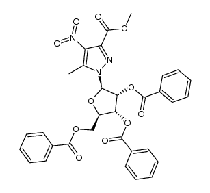 (2R,3R,4R,5R)-2-((benzoyloxy)methyl)-5-(3-(methoxycarbonyl)-5-methyl-4-nitro-1H-pyrazol-1-yl)tetrahydrofuran-3,4-diyl dibenzoate Structure