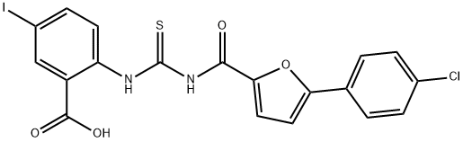 2-[[[[[5-(4-chlorophenyl)-2-furanyl]carbonyl]amino]thioxomethyl]amino]-5-iodo-benzoic acid structure