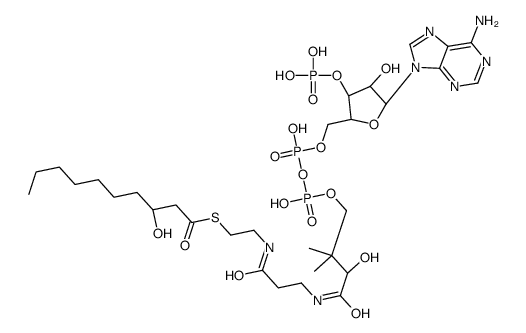 S-[2-[3-[[(2R)-4-[[[(2R,3R,5R)-5-(6-aminopurin-9-yl)-4-hydroxy-3-phosphonooxyoxolan-2-yl]methoxy-hydroxyphosphoryl]oxy-hydroxyphosphoryl]oxy-2-hydroxy-3,3-dimethylbutanoyl]amino]propanoylamino]ethyl] (3S)-3-hydroxydecanethioate结构式