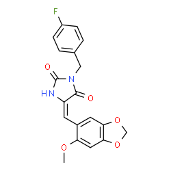 (5E)-3-(4-fluorobenzyl)-5-[(6-methoxy-1,3-benzodioxol-5-yl)methylidene]imidazolidine-2,4-dione结构式
