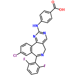 4-(9-chloro-7-(2,6-difluorophenyl)-5H-benzo[e]pyrimido[5,4-c]azepin-2-ylamino)benzoic acid structure