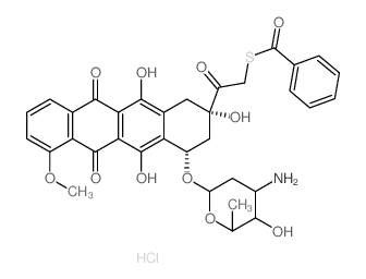 Benzenecarbothioicacid, S-[2-[4-[(3-amino-2,3,6-trideoxy-a-L-lyxo-hexopyranosyl)oxy]-1,2,3,4,6,11-hexahydro-2,5,12-trihydroxy-7-methoxy-6,11-dioxo-2-naphthacenyl]-2-oxoethyl]ester, hydrochloride, (2S- Structure
