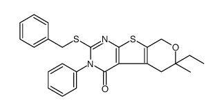 2-benzylsulfanyl-6-ethyl-6-methyl-3-phenyl-5,8-dihydropyrano[2,3]thieno[2,4-b]pyrimidin-4-one Structure