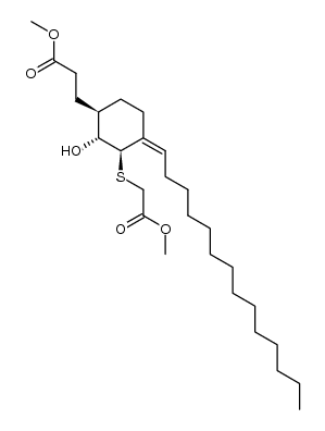 cyclohexanepropanoic acid, 2-hydroxy-3-[(2-methoxy-2-oxoethyl)thiol]-4-tetradecylidene-, methyl ester,(1.α,2β,3α,4Z)结构式