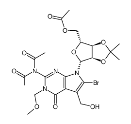 6-bromo-2-diacetylamino-3,4-dihydro-5-hydroxymethyl-3-methoxymethyl-7-(5-O-acetyl-2,3-O-isopropylidene-β-D-ribofuranosyl)-7H-pyrrolo(2,3-d)pyrimidin-4-one结构式