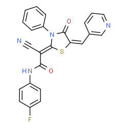 2-cyano-N-(4-fluorophenyl)-2-[4-oxo-3-phenyl-5-(3-pyridinylmethylene)-1,3-thiazolidin-2-ylidene]acetamide structure