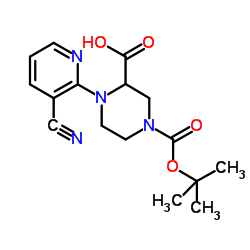 1-(3-Cyano-2-pyridinyl)-4-{[(2-methyl-2-propanyl)oxy]carbonyl}-2-piperazinecarboxylic acid结构式