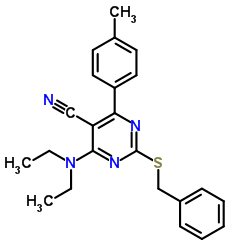 2-(Benzylsulfanyl)-4-(diethylamino)-6-(4-methylphenyl)-5-pyrimidinecarbonitrile结构式