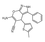 6-amino-4-(5-methylthiophen-2-yl)-3-phenyl-2,4-dihydropyrano[2,3-c]pyrazole-5-carbonitrile Structure