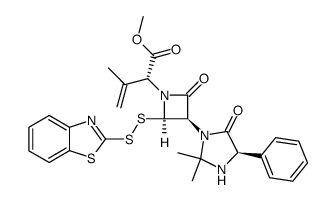 methyl (R)-2-((2R,3R)-2-(benzo[d]thiazol-2-yldisulfanyl)-3-((R)-2,2-dimethyl-5-oxo-4-phenylimidazolidin-1-yl)-4-oxoazetidin-1-yl)-3-methylbut-3-enoate结构式