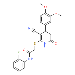 2-((3-cyano-4-(3,4-dimethoxyphenyl)-6-oxo-1,4,5,6-tetrahydropyridin-2-yl)thio)-N-(2-fluorophenyl)acetamide结构式