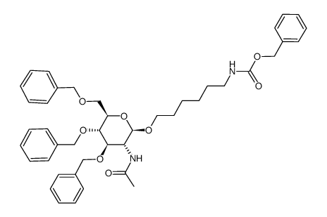 Carbamic acid, 6-2-(acetylamino)-2-deoxy-3,4,6-tris-O-(phenylmethyl)-.beta.-D-glucopyranosyloxyhexyl-, phenylmethyl ester Structure