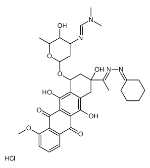 N'-[6-[[3-[(E)-N-(cyclohexylideneamino)-C-methylcarbonimidoyl]-3,5,12-trihydroxy-10-methoxy-6,11-dioxo-2,4-dihydro-1H-tetracen-1-yl]oxy]-3-hydroxy-2-methyloxan-4-yl]-N,N-dimethylmethanimidamide,hydrochloride Structure