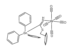 (benzyl triphenylstannanedithiocarboxylate)pentacarbonyltungsten Structure