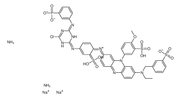 diazanium,disodium,5-[[4-chloro-6-(3-phosphonatoanilino)-1,3,5-triazin-2-yl]amino]-2-[[8-[ethyl-[(3-sulfonatophenyl)methyl]amino]-10-(4-methoxy-3-sulfonatophenyl)phenazin-10-ium-2-yl]amino]benzenesulfonate Structure