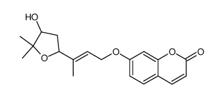 (E)-7-((3-(tetrahydro-5,5-dimethyl-4-hydroxy-2-furanyl)-2-butenyl)oxy)-2H-1-benzopyran-2-one Structure