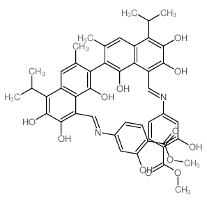 Salicylic acid,4,4'-[(1,1',6,6',7,7'-hexahydroxy-5,5'-diisopropyl-3,3'-dimethyl[2,2'-binaphthalene]-8,8'-diyl)bis(methylidynenitrilo)]di-,dimethyl ester (8CI) picture