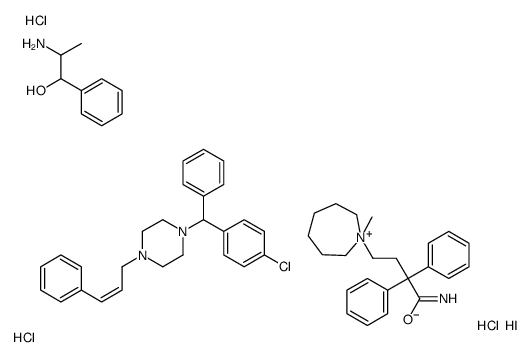 2-amino-1-phenylpropan-1-ol,1-[(4-chlorophenyl)-phenylmethyl]-4-[(E)-3-phenylprop-2-enyl]piperazine,4-(1-methylazepan-1-ium-1-yl)-2,2-diphenylbutanamide,iodide,trihydrochloride Structure