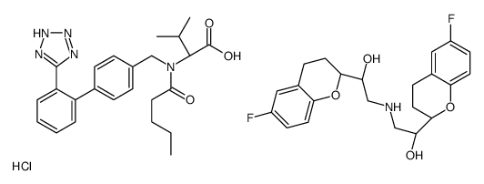 (1S)-1-[(2R)-6-fluoro-3,4-dihydro-2H-chromen-2-yl]-2-[[(2S)-2-[(2S)-6-fluoro-3,4-dihydro-2H-chromen-2-yl]-2-hydroxyethyl]amino]ethanol,(2S)-3-methyl-2-[pentanoyl-[[4-[2-(2H-tetrazol-5-yl)phenyl]phenyl]methyl]amino]butanoic acid,hydrochloride结构式