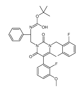2-Methyl-2-propanyl {(1R)-2-[3-(2,6-difluorobenzyl)-5-(2-fluoro-3 -methoxyphenyl)-4-methyl-2,6-dioxo-3,6-dihydro-1(2H)-pyrimidinyl] -1-phenylethyl}carbamate结构式