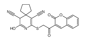 7-oxo-9-[2-oxo-2-(2-oxochromen-3-yl)ethyl]sulfanyl-8-azaspiro[4.5]dec-9-ene-6,10-dicarbonitrile结构式