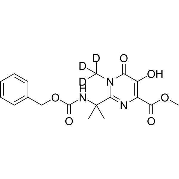 Methyl 2-(2-(((benzyloxy)carbonyl)amino)propan-2-yl)-5-hydroxy-1-methyl-6-oxo-1,6-dihydropyrimidine-4-carboxylate-d3结构式