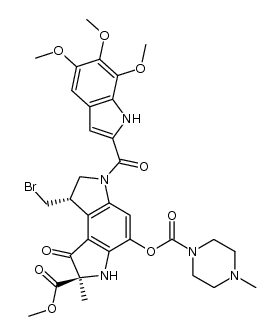 methyl (1S,7R)-1-(bromomethyl)-7-methyl-5-[(4-methylpiperazinyl)carbonyloxy]-8-oxo-3-[(5,6,7-trimethoxy-2-indolyl)carbonyl]-1,2,7,8-tetrahydro-3H-pyrrolo[3,2-e]indole-7-carboxylate结构式