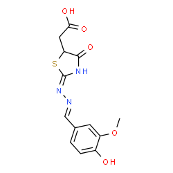 2-((E)-2-(((E)-4-hydroxy-3-methoxybenzylidene)hydrazono)-4-oxothiazolidin-5-yl)acetic acid结构式