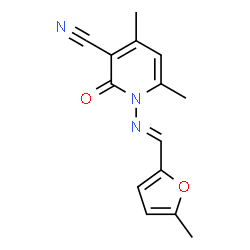 (E)-4,6-dimethyl-1-(((5-methylfuran-2-yl)methylene)amino)-2-oxo-1,2-dihydropyridine-3-carbonitrile structure