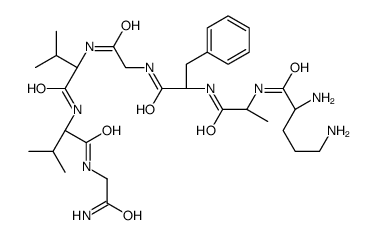 (2S)-2,5-diamino-N-[(2R)-1-[[(2S)-1-[[2-[[(2S)-1-[[(2S)-1-[(2-amino-2-oxoethyl)amino]-3-methyl-1-oxobutan-2-yl]amino]-3-methyl-1-oxobutan-2-yl]amino]-2-oxoethyl]amino]-1-oxo-3-phenylpropan-2-yl]amino]-1-oxopropan-2-yl]pentanamide Structure